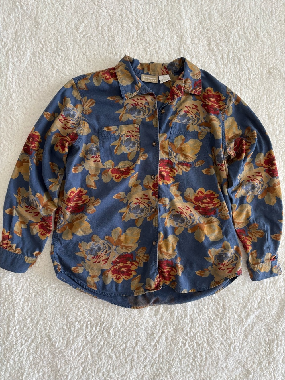 Vintage 90s Liz Claiborne Lizwear floral blue and brown button down shirt Sz L